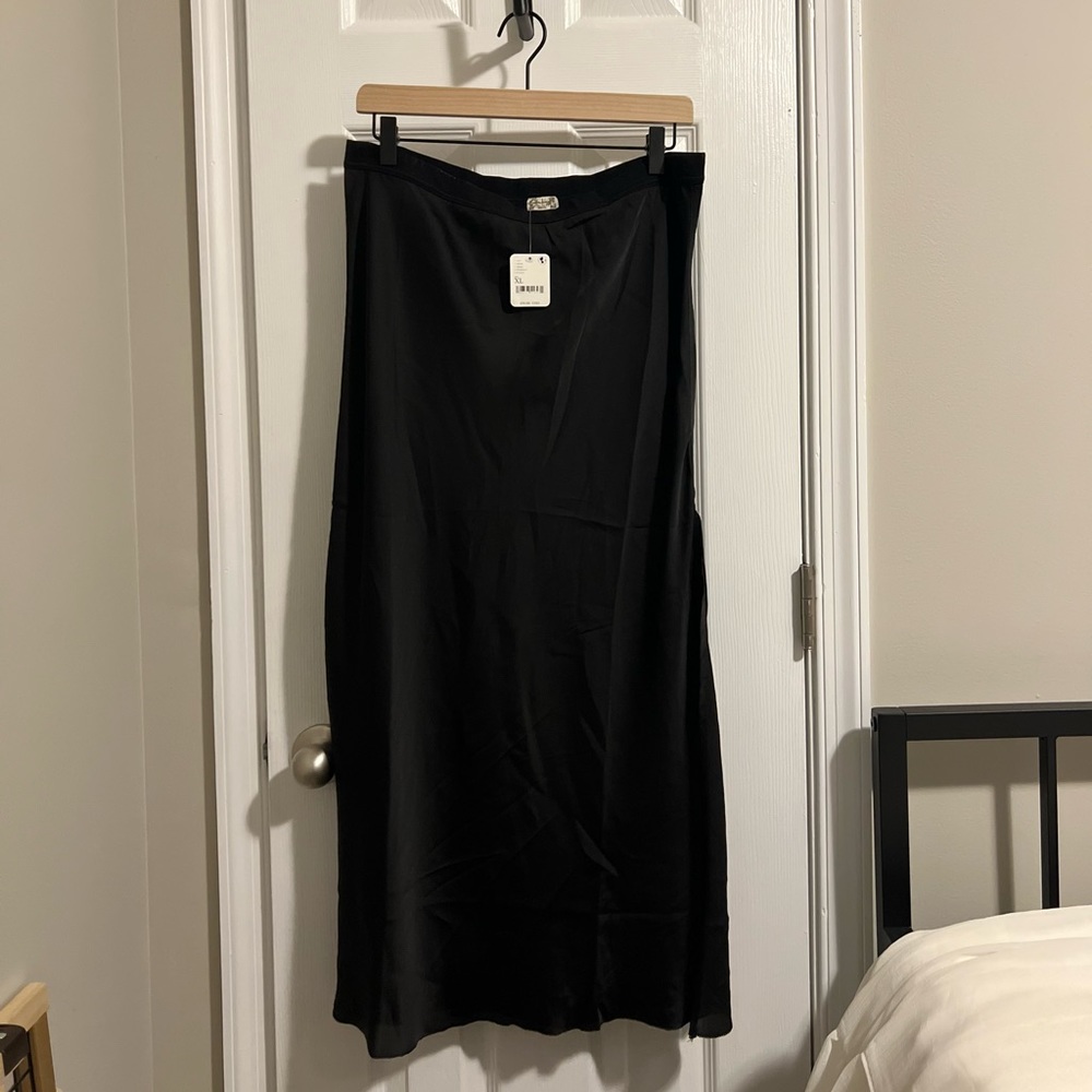 Free People Black Satin Midi Slip Skirt